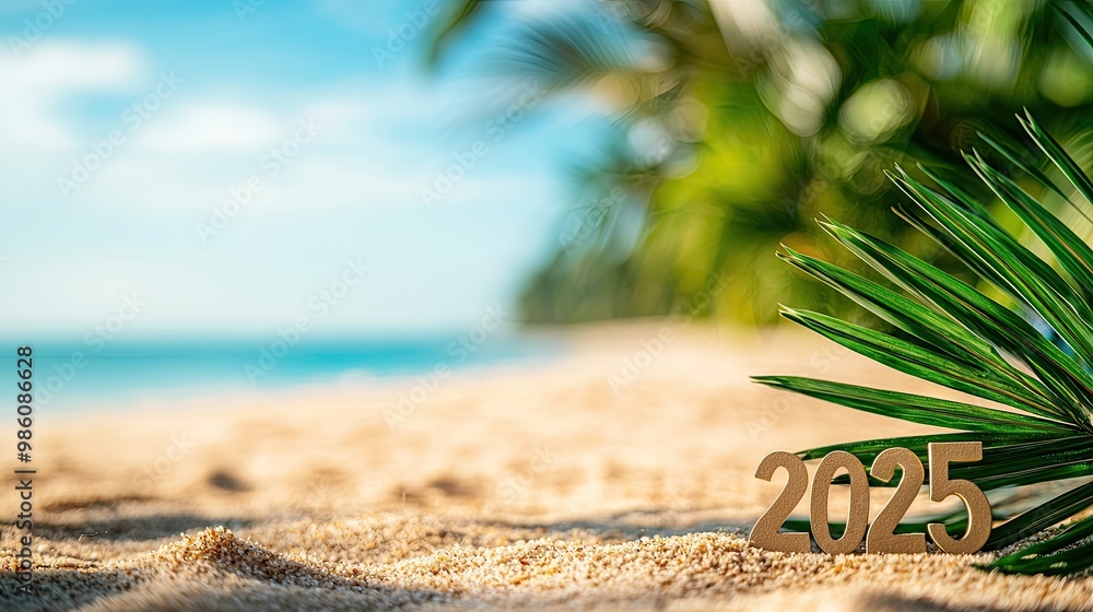 Wall mural beach scene with sandy shore, palm leaves, and wooden 2025 sign against blue sky.