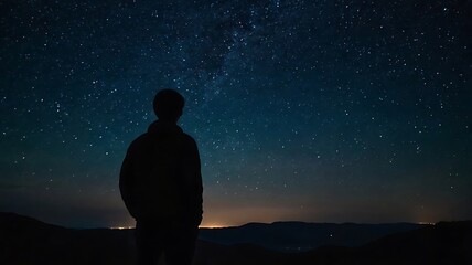 A starry night sky with a silhouette of a person gazin
