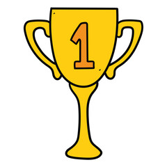 Hand drawn cartoon gold trophy on white background. First place.