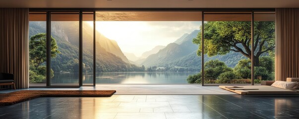 Modern interior with large windows overlooking a serene lake and mountain landscape.