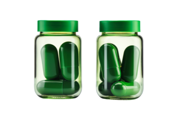 Two jars filled with vibrant green capsules are displayed on a clean white background, emphasizing their health benefits and appealing appearance.
