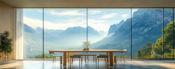 Modern dining room with stunning mountain view through large windows.