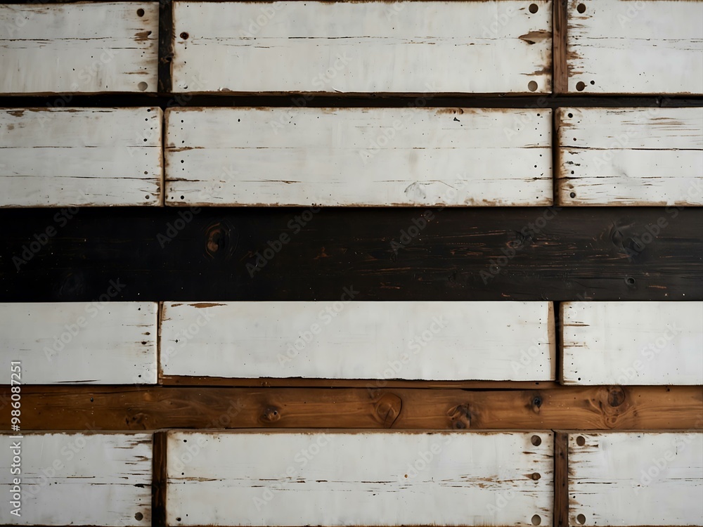 Poster Wooden planks painted in white, black, and brown for a textured background.