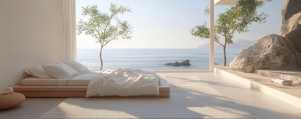 White bedroom with a view of the ocean.