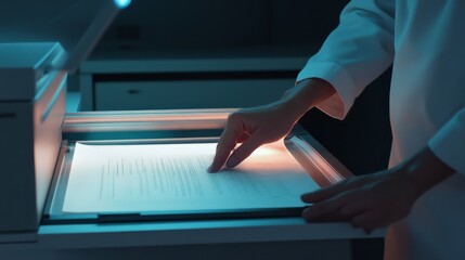 A person is scanning a document in a dimly lit environment, focusing on the details of the paper with a photocopier.