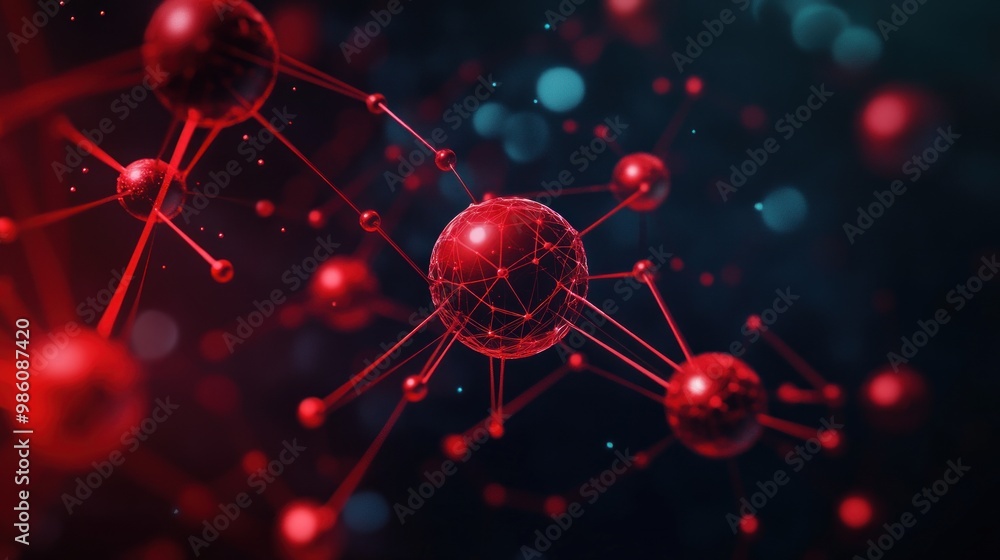 Poster abstract red sphere with connecting lines and blurred background.