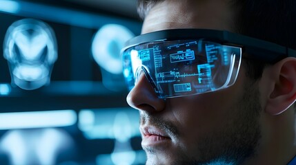 Close-up of a man wearing augmented reality smart glasses with futuristic data overlays, representing technology, innovation, and virtual interaction.