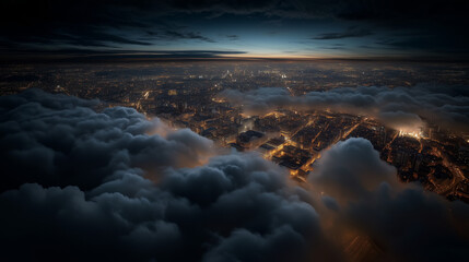 Aerial View of a Glowing Cityscape at Twilight Captured by Drone and Airplane Above the Clouds at Sunset