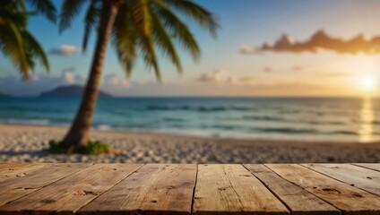 Wooden table in front of a blurred tropical beach backdrop, ideal for summer products.