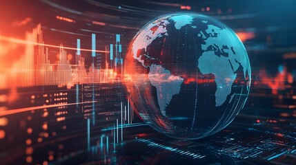 A 3D globe surrounded by dynamic data graphs and charts, representing global analytics, financial trends, and digital information flow.