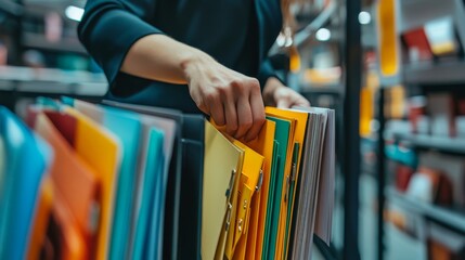 A hand reaching for colorful files in a systematic filing cabinet within an organized workspace setting.