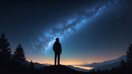 Fototapeta premium A starry night sky with a silhouette of a person gazin