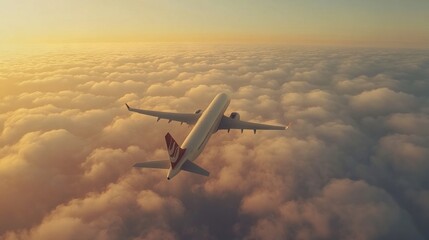 Aerial View of Airplane Flying Above the Clouds, Travel Concept, AI generated illustration