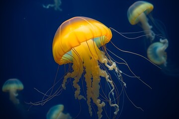 Translucent jellyfish float effortlessly, creating an enchanting underwater scene.
