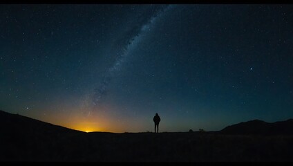 A starry night sky with a silhouette of a person gazin