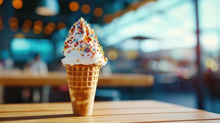 Delicious ice cream cone with sprinkles on wooden table in a vibrant setting.
