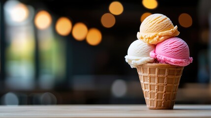 Colorful ice cream scoops in a waffle cone on a blurred background.
