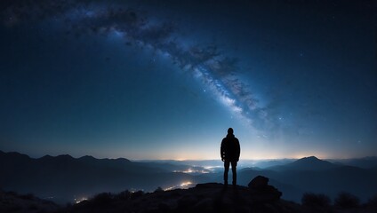 A starry night sky with a silhouette of a person gazin