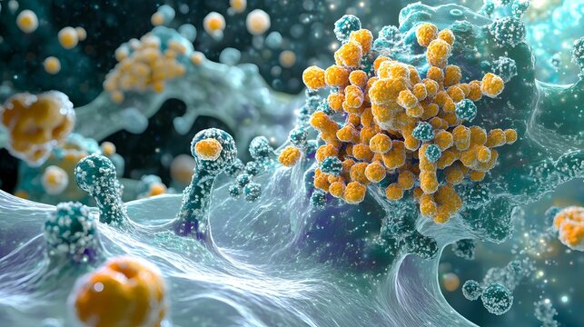 3D illustration of bacteria clusters interacting with complex cell structures, showcasing microscopic biological activity in a vibrant environment.