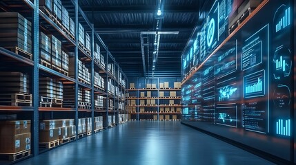 An expansive warehouse interior illuminated with high-tech digital displays showing real-time analytics, highlighting modern inventory management.