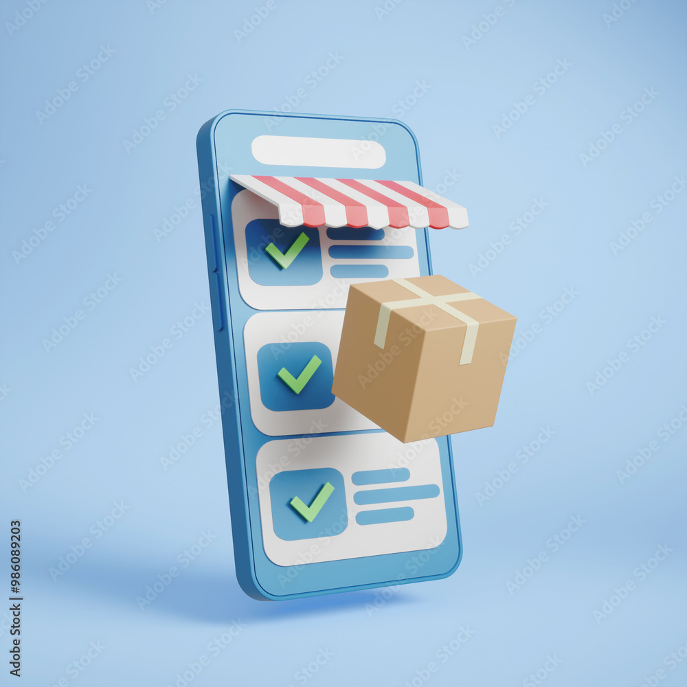 Aufkleber 3d illustration of online delivery concept with mobile phone store with floating brown parcel boxes 
