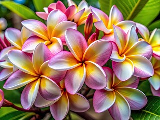 Close-up of delicate pink and white plumeria blossoms with soft petals and yellow centers.