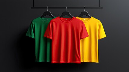 Colorful t-shirts hanging on a hanger against a dark background.