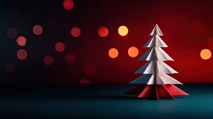 Origami Christmas tree on a colorful background with festive bokeh lights.