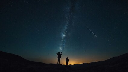 Fototapeta premium A starry night sky with a silhouette of a person gazin