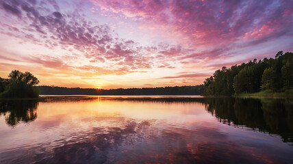 Obraz premium Dawn over a serene lake; golden light illuminates the sky in pink and lavender hues with wispy clouds.