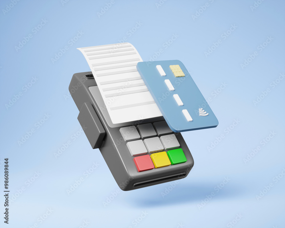 Poster 3d render illustration of the concept of convenient payment through a card reader with a credit card
