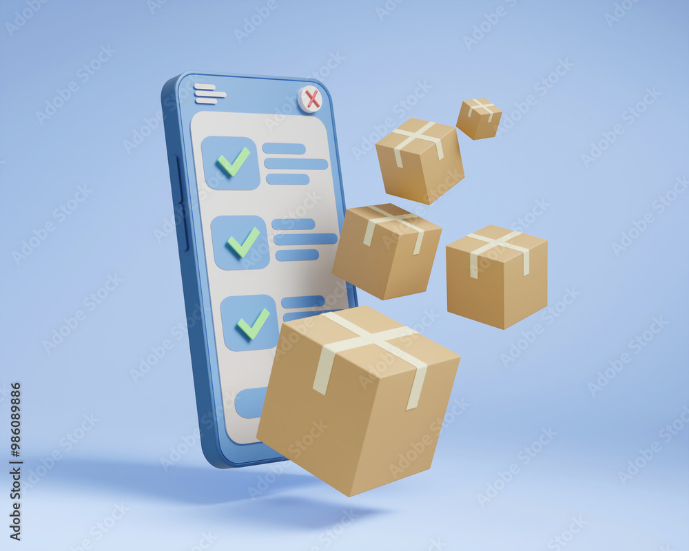 Poster 3d rendered illustration of an online shipping concept with a mobile phone store with floating brown