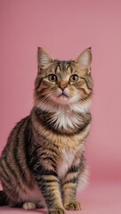 Obraz premium Tabby Cat Sitting on Pink Surface with White Paws