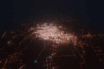 Aerial view on Palembang (Indonesia) from north. Top view on modern city at night from space