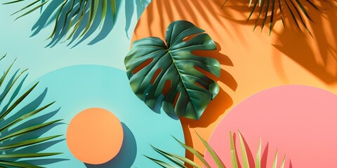 Tropical Leaf  Minimal Background with Colorful Circles and Shadows