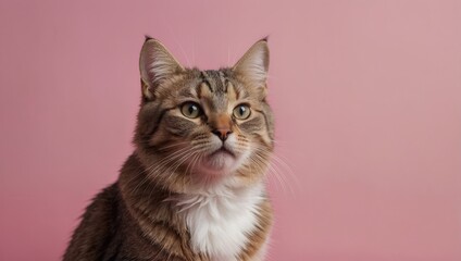 Tabby Cat Yawning or Meowing on Pink Background