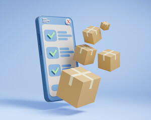 Obraz premium 3D rendered illustration of an online shipping concept with a mobile phone store with floating brown parcel boxes with item history on the screen with a correct check mark in the box.