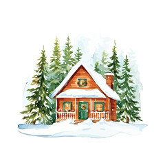 Watercolor cozy little house in winter scene vector illustration, merry christmas postcard design, seasonal new year greetings
