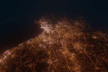 Aerial view on Naples (Italy) from east. Satellite view on modern city at night