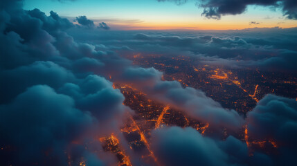 Beautiful Cityscape Illuminated by Nighttime Lights Below a Dramatic Sunset Captured with a Drone and Airplane View