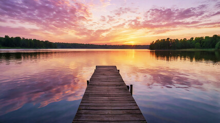 Dawn over a serene lake; golden light illuminates the sky in pink and lavender hues with wispy clouds.