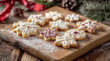 Fototapeta premium Deliciously decorated snowflake cookies on a wooden platter, perfect for holiday celebrations and festive gatherings.