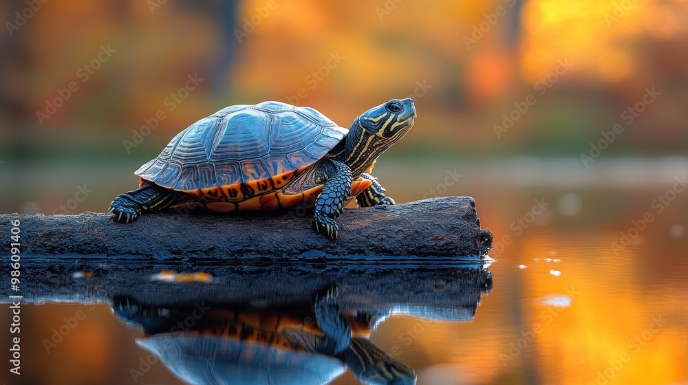 Poster a turtle resting on a log by a serene autumn lake.