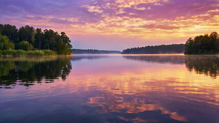 Obraz premium Dawn over a serene lake; golden light illuminates the sky in pink and lavender hues with wispy clouds.