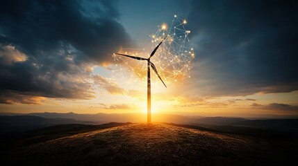 Obraz premium Wind Turbine with Digital Network Concept at Sunset