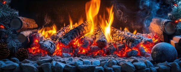 Fototapeta premium A cozy fireplace scene with glowing embers and dancing flames, creating a warm and inviting atmosphere for relaxation.