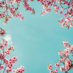 Pink Cherry Blossoms Frame Against Blue Sky