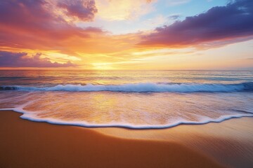 Fototapeta premium A serene beach scene at sunset with golden sand and a vibrant sky, ideal for summer-themed promotions and travel marketing
