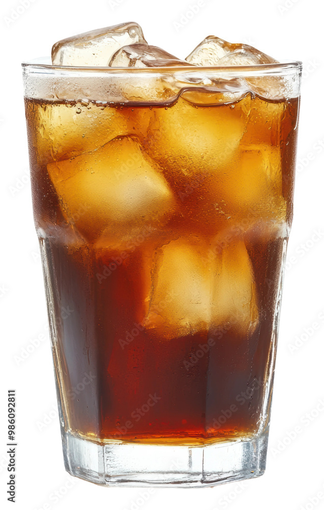 Poster refreshing glass of cola with ice cubes isolated on transparent background