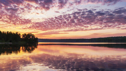 Fototapeta premium Dawn over a serene lake; golden light illuminates the sky in pink and lavender hues with wispy clouds.